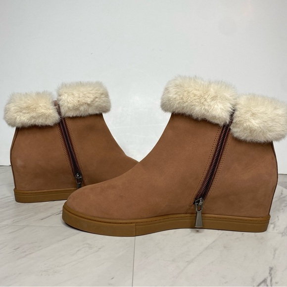 Paolo Flossie Brown Faux Fur Cuff Hidden Wedge Bootie 9 1/2 M - Picture 6 of 14